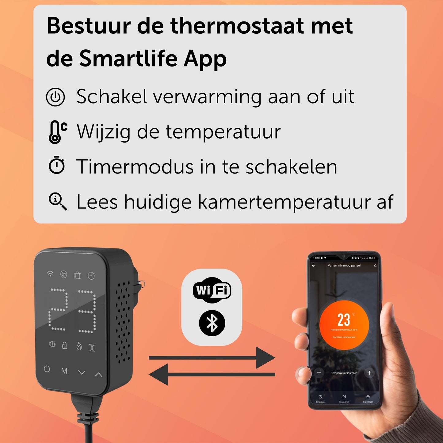 Infrarood Paneel 800 Watt met Wifi Thermostaat - Elektrische verwarming - Vrijstaand - Zwart